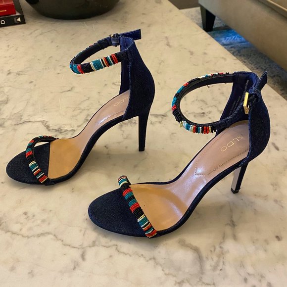 Aldo Shoes - ALDO Denim Beaded Heels Sandals Heels Size 7.5